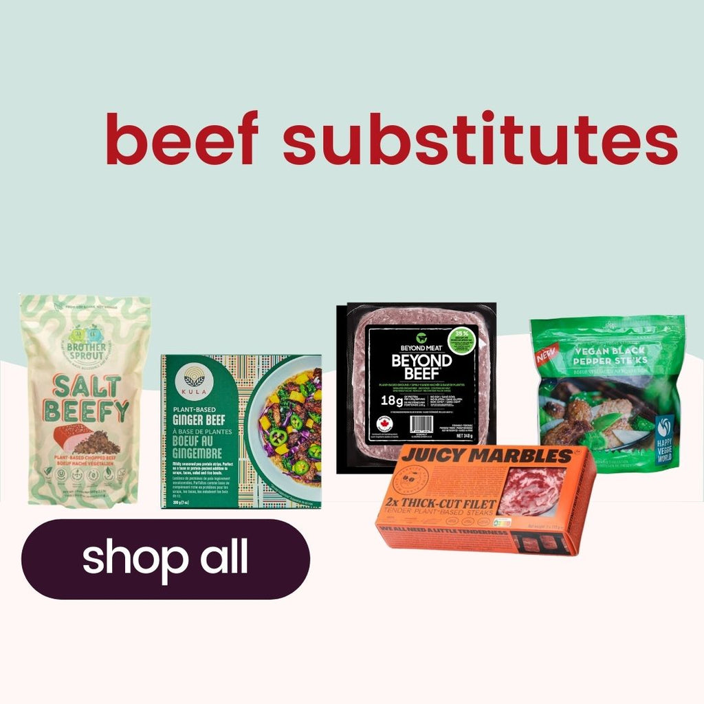 Vegan beef substitutes: Salt Beefy, ginger beef, Beyond Beef, Juicy Marbles, and black pepper steaks.