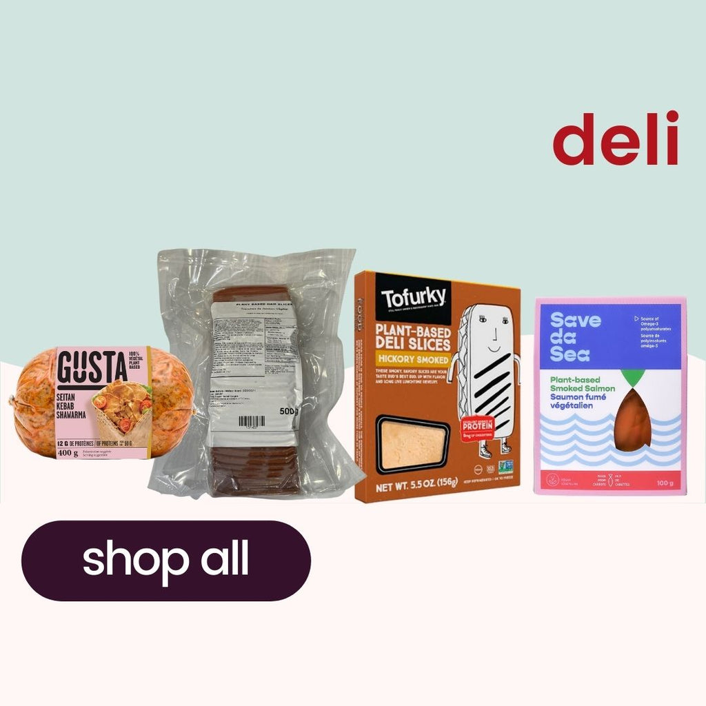 Plant-based deli items: Gusta Seitan Kebab, vacuum-sealed loaf, Tofurky deli slices, and Save da Sea smoked salmon.
