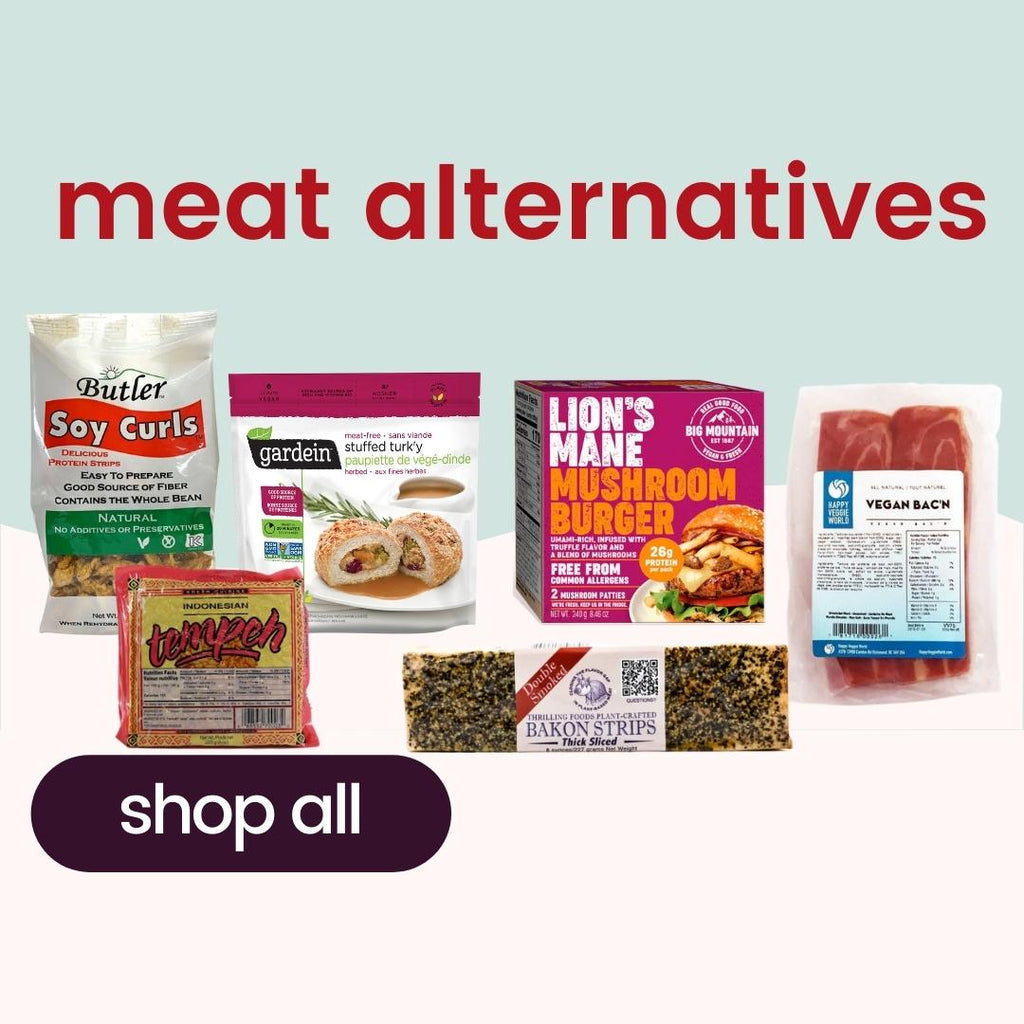 Selection of vegan meat alternatives: soy curls, stuffed turkey, mushroom burger, tempeh, vegan bacon, and plant-based strips.