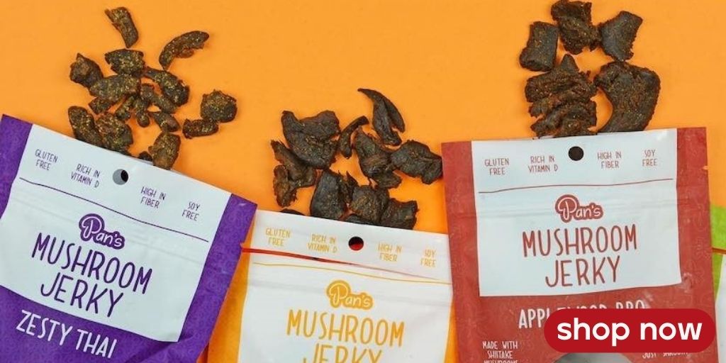 Pan's Mushroom Jerky in Zesty Thai, original, and Applewood BBQ, with jerky pieces displayed on an orange background.