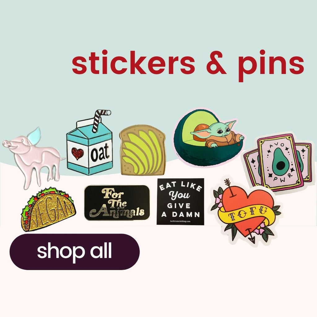 Vegan stickers and pins: flying pig, oat milk, avocado toast, Baby Yoda, avocado cards, tofu heart, and slogans.