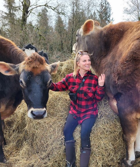 Person in a red flannel shirt sitting with two cows in a hay-covered area surrounded by trees.